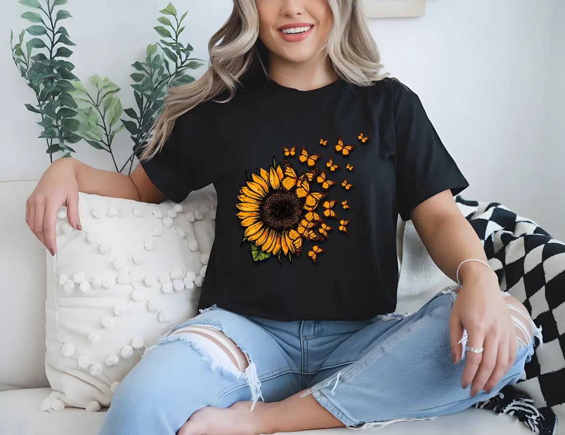 Sunflower and Butterfly Graphic Sweatshirt Duo Creation