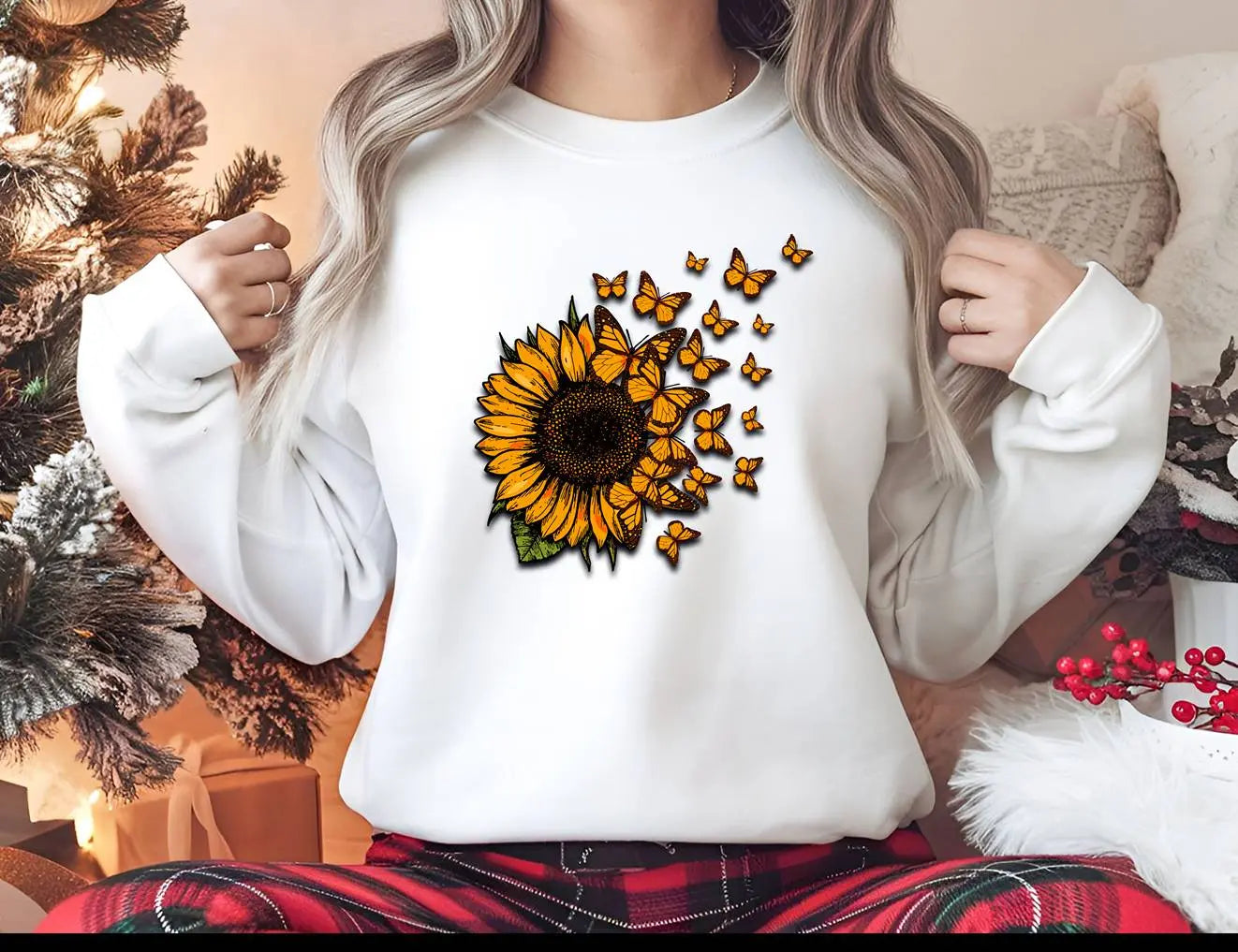 Sunflower and Butterfly Graphic Sweatshirt Duo Creation