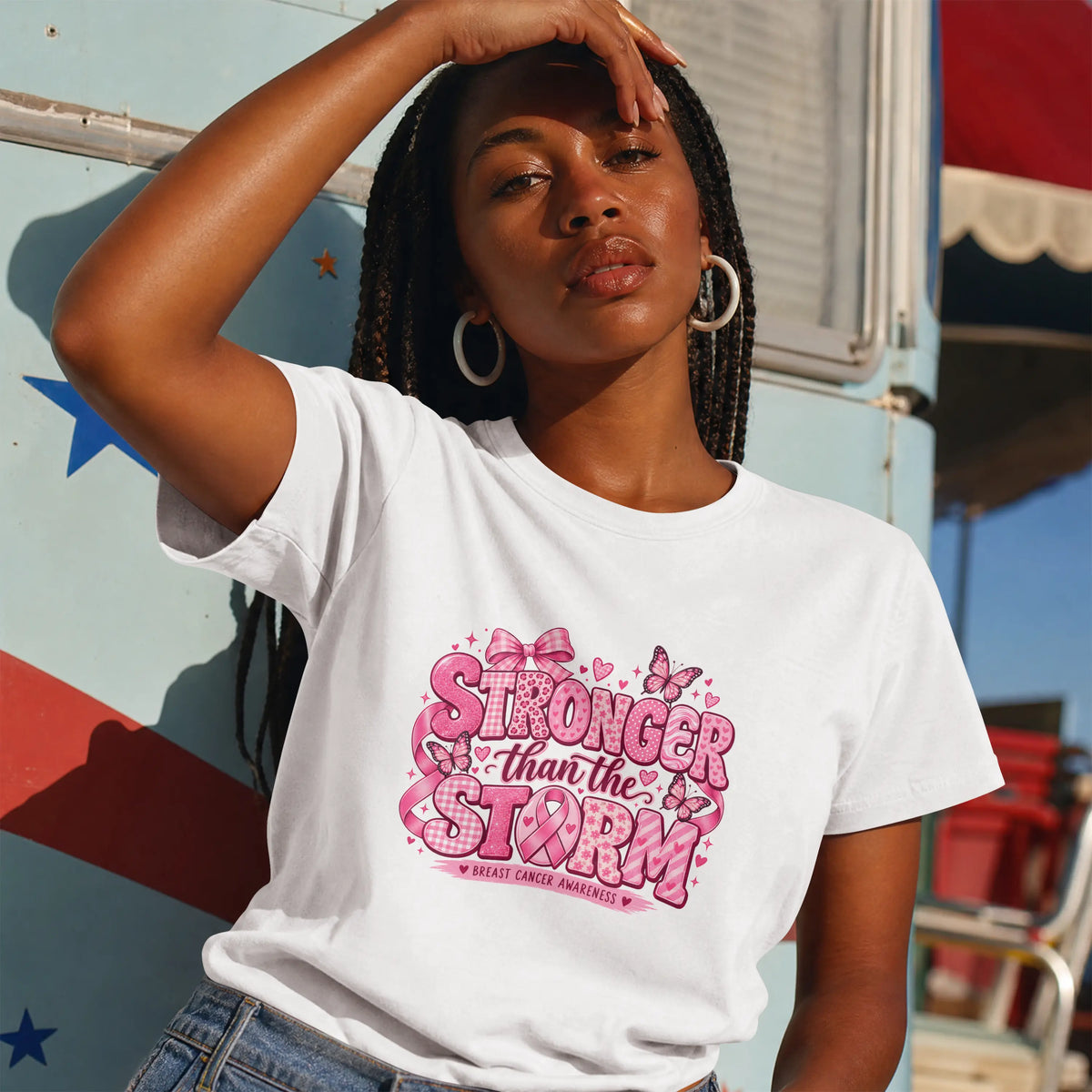 Stronger than the Strom Pink butterfly Cancer Ribbon Short Sleeve T Shirt. DuoCreationZ