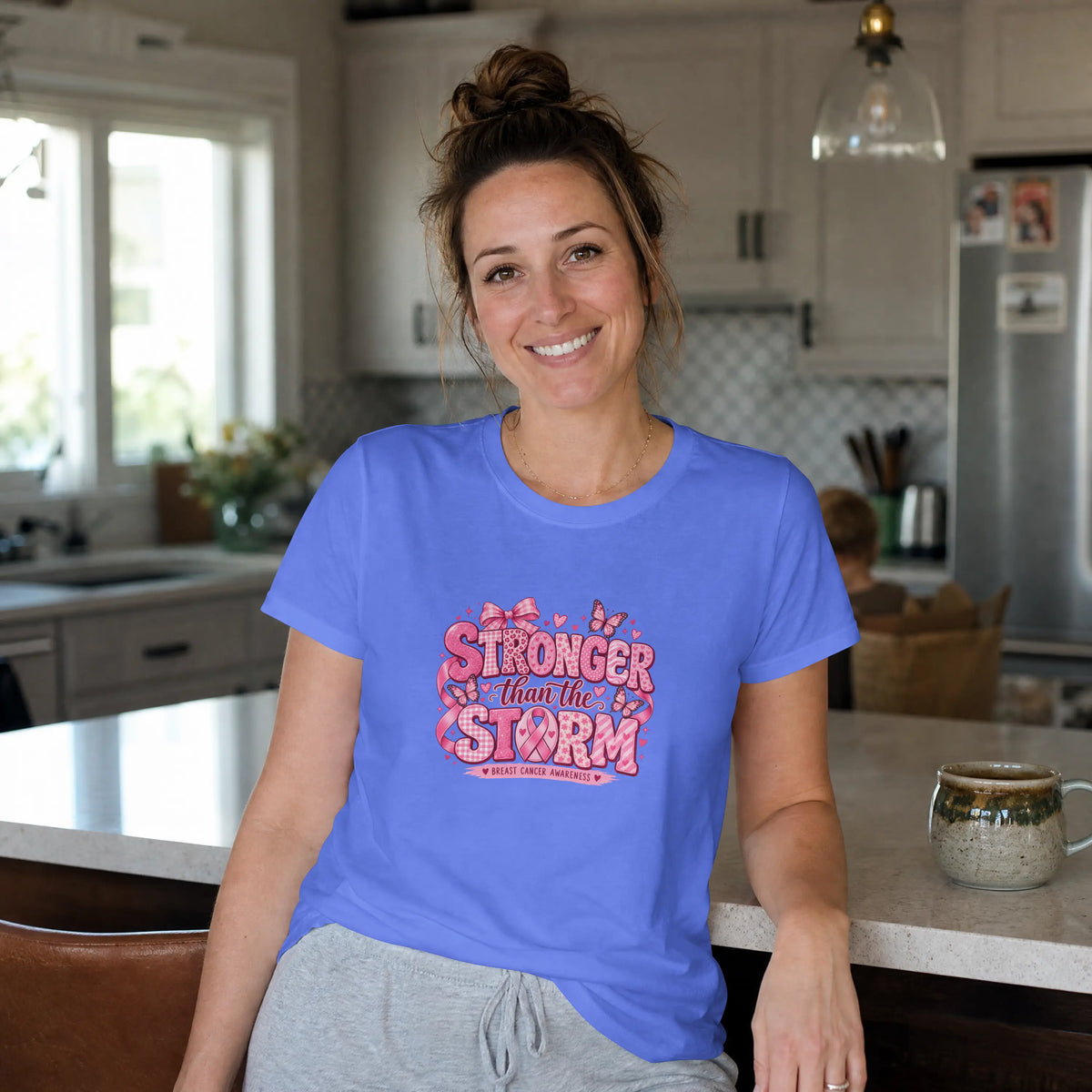 Stronger than the Strom Pink butterfly Cancer Ribbon Short Sleeve T Shirt. DuoCreationZ