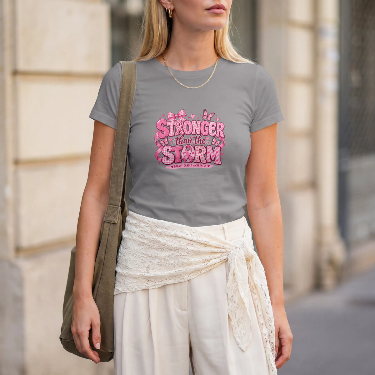 Stronger than the Strom Pink butterfly Cancer Ribbon Short Sleeve T Shirt. DuoCreationZ