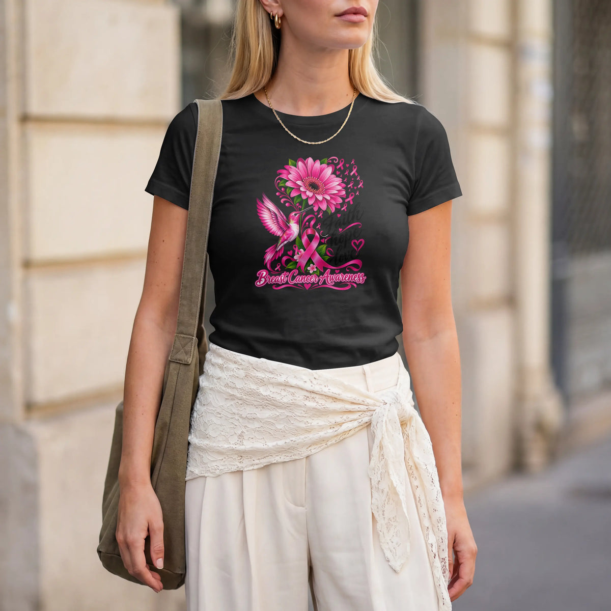 A pink Faith, Hope, Love Pink Humming bird Breast Cancer Awareness Short Sleeve T Shirt. DuoCreationZ