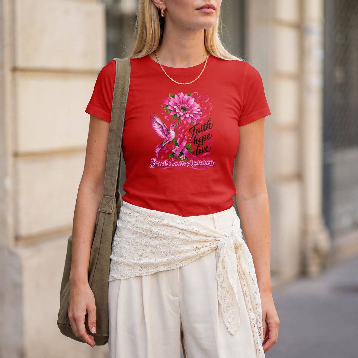 A pink Faith, Hope, Love Pink Humming bird Breast Cancer Awareness Short Sleeve T Shirt. DuoCreationZ