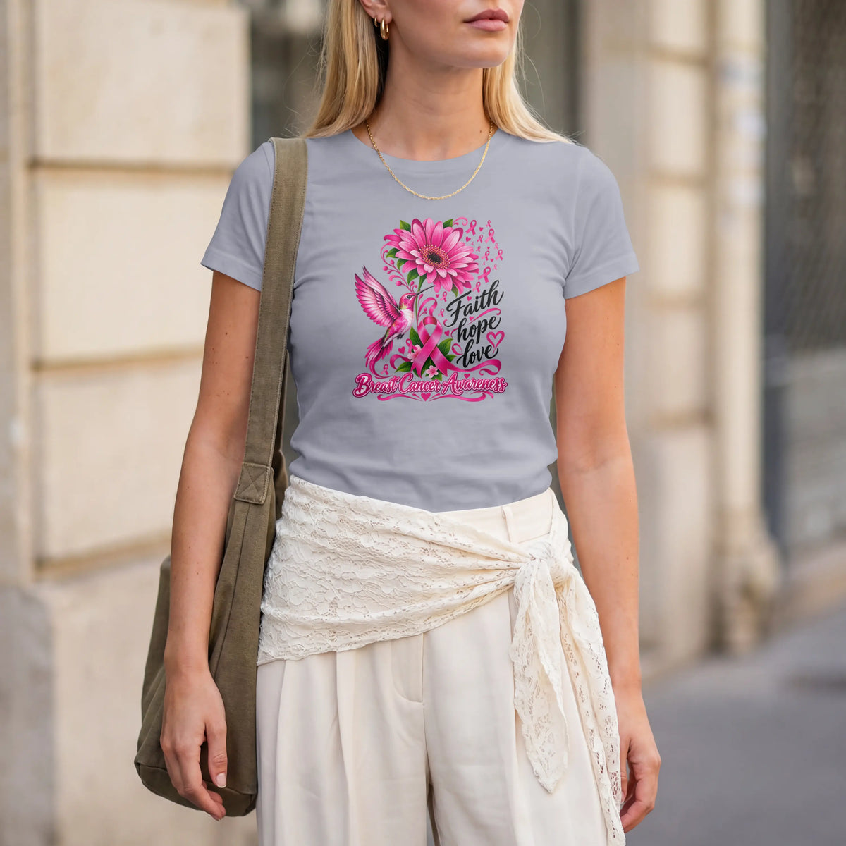 A pink Faith, Hope, Love Pink Humming bird Breast Cancer Awareness Short Sleeve T Shirt. DuoCreationZ