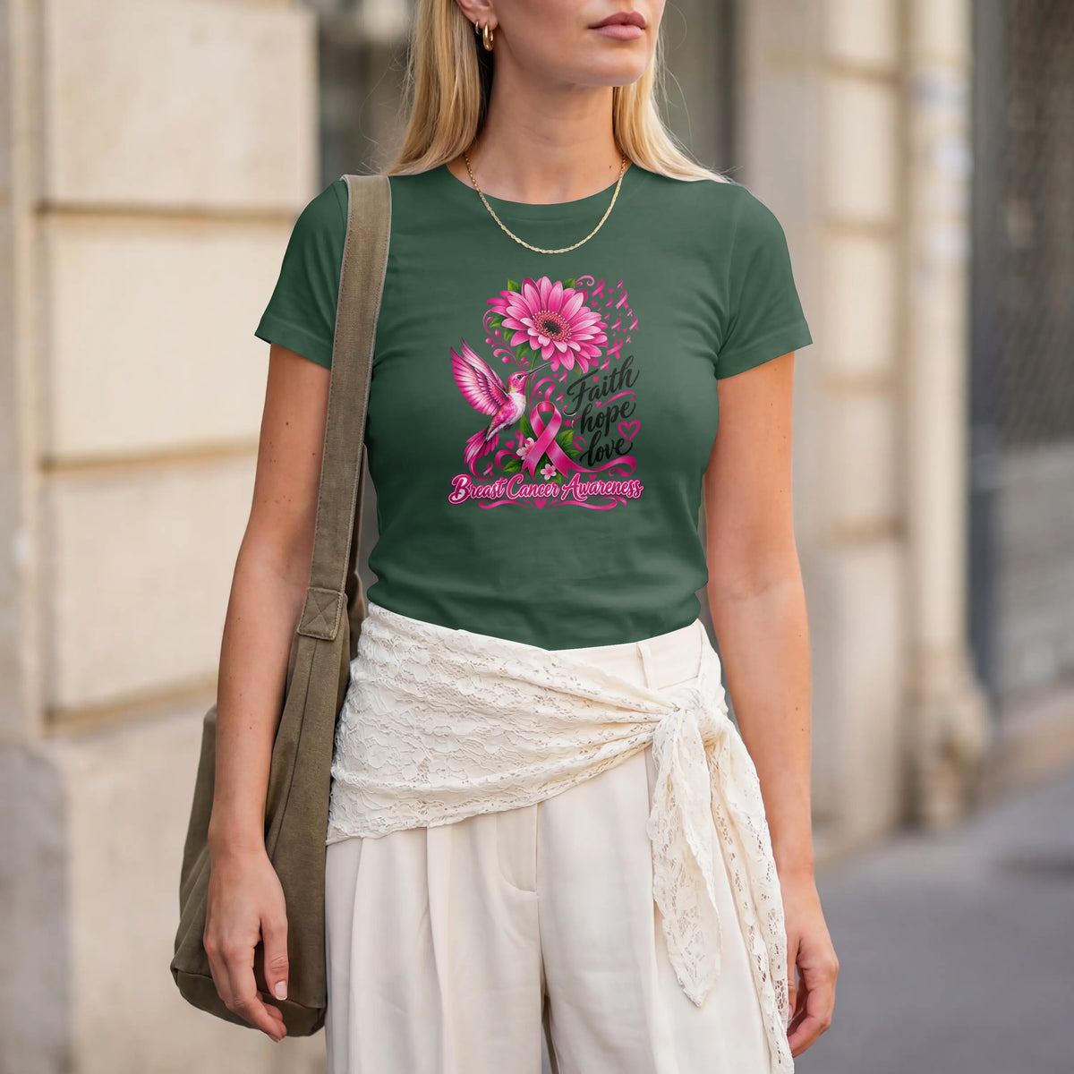A pink Faith, Hope, Love Pink Humming bird Breast Cancer Awareness Short Sleeve T Shirt. DuoCreationZ