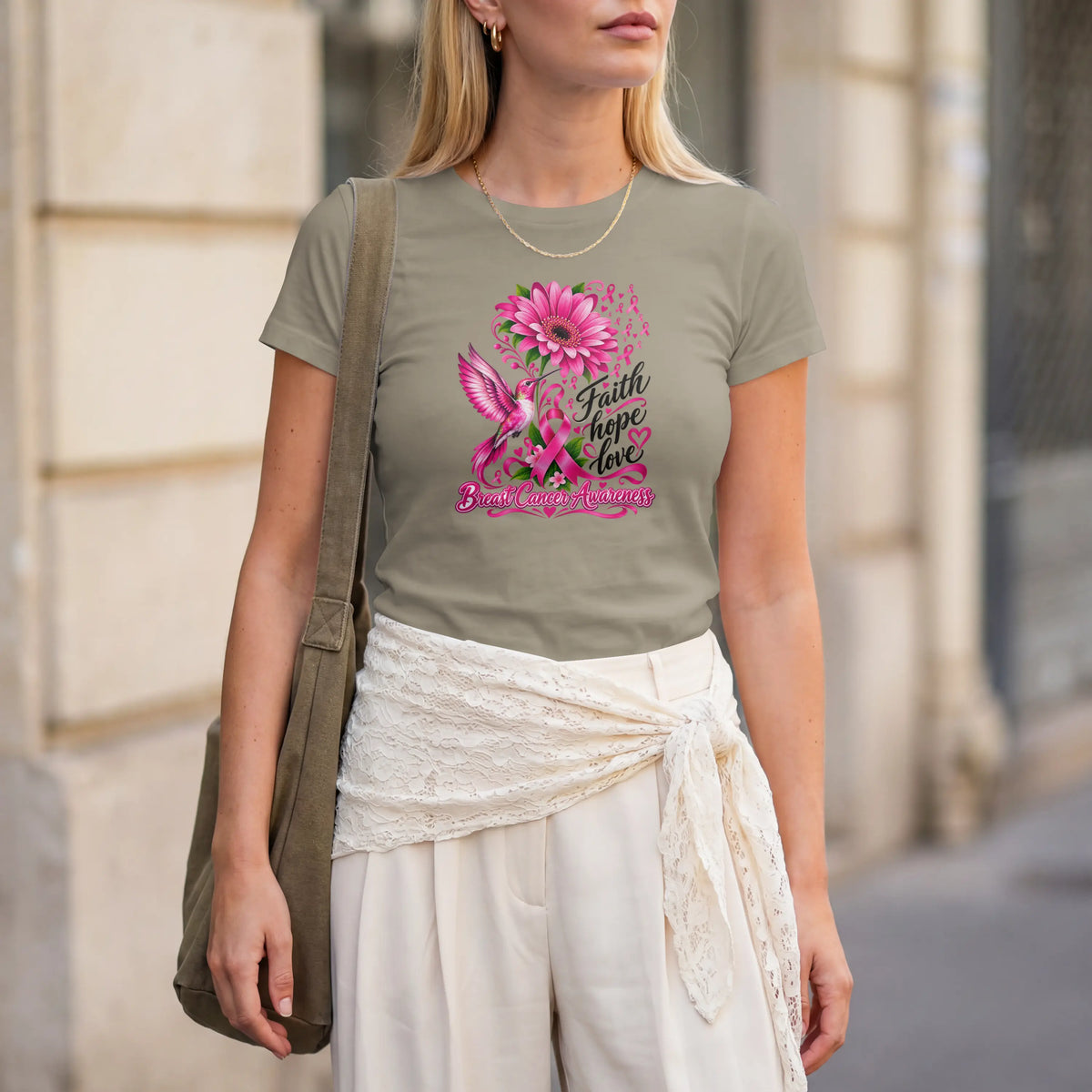 A pink Faith, Hope, Love Pink Humming bird Breast Cancer Awareness Short Sleeve T Shirt. DuoCreationZ