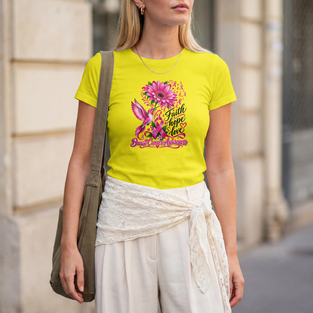 A pink Faith, Hope, Love Pink Humming bird Breast Cancer Awareness Short Sleeve T Shirt. DuoCreationZ