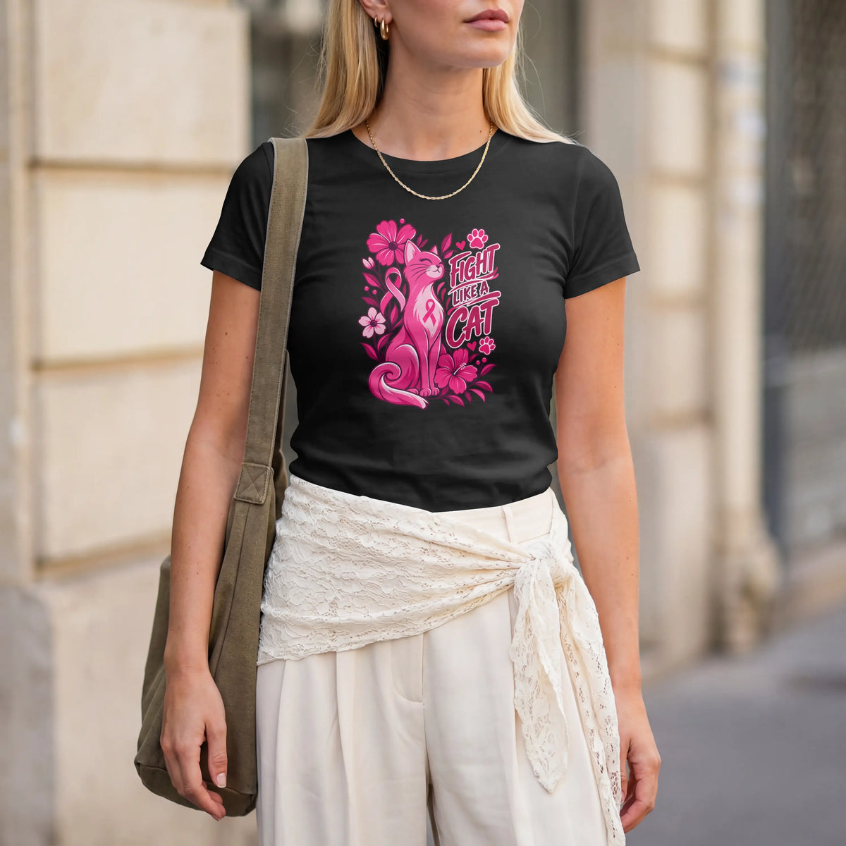 Fight like a cat pink flower cancer Short Sleeve T Shirt. DuoCreationZ