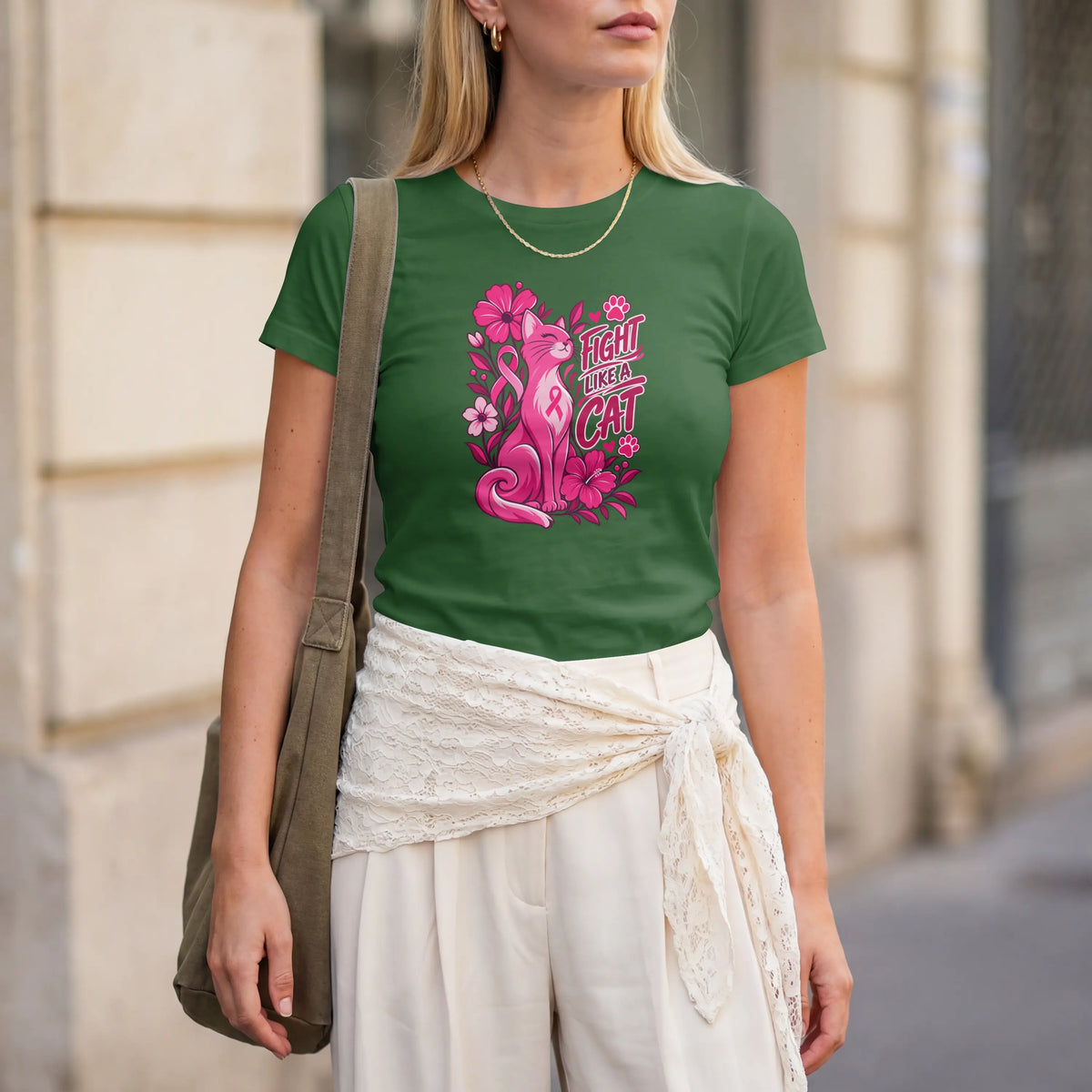 Fight like a cat pink flower cancer Short Sleeve T Shirt. DuoCreationZ