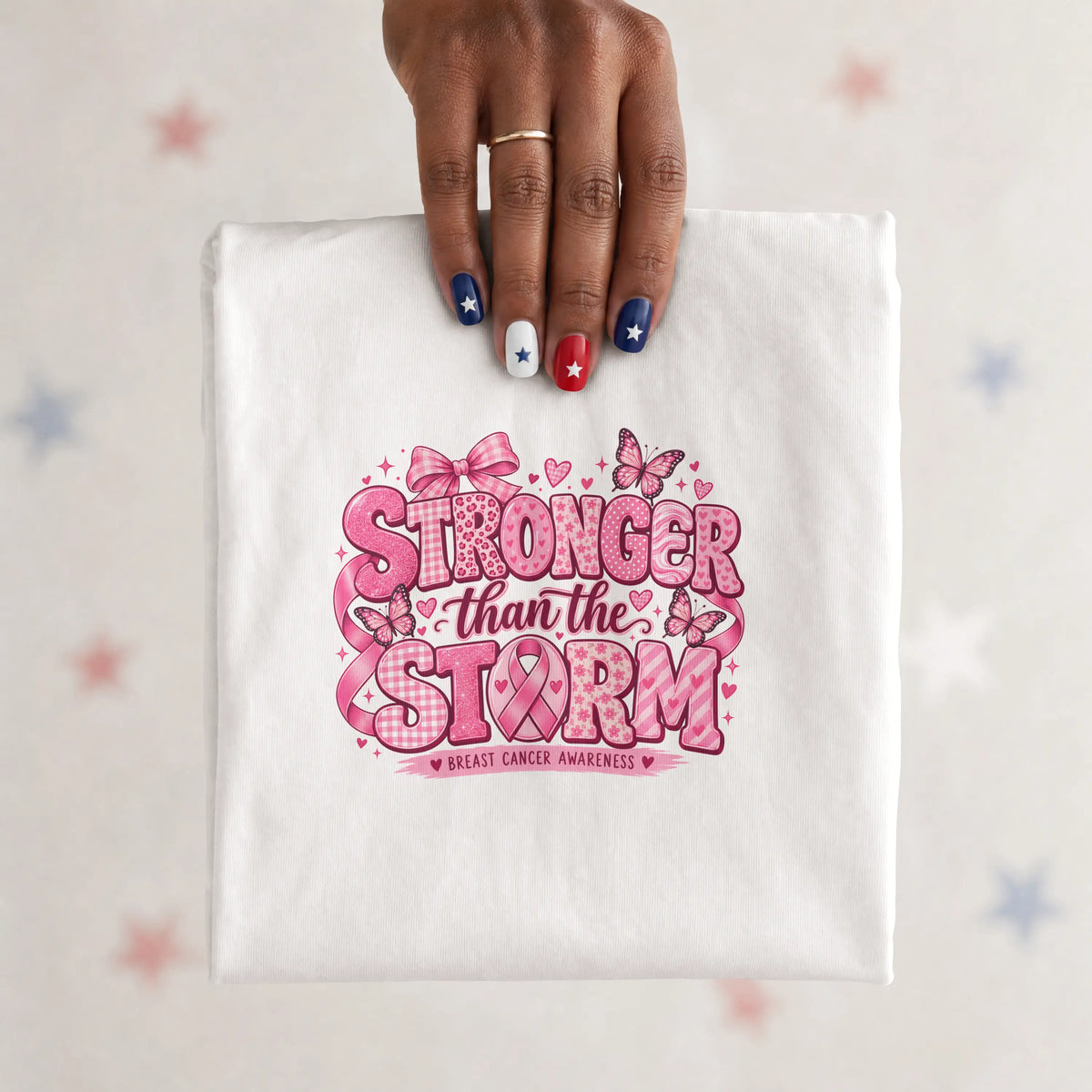 Stronger than the Strom Pink butterfly Cancer Ribbon Short Sleeve T Shirt. DuoCreationZ