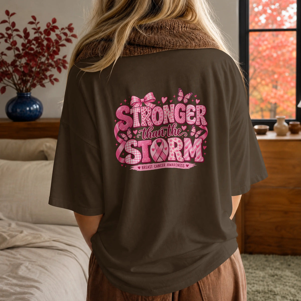Stronger than the Strom Pink butterfly Cancer Ribbon Short Sleeve T Shirt. DuoCreationZ