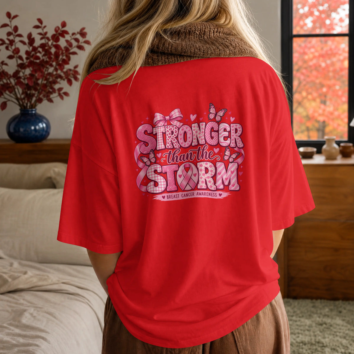 Stronger than the Strom Pink butterfly Cancer Ribbon Short Sleeve T Shirt. DuoCreationZ