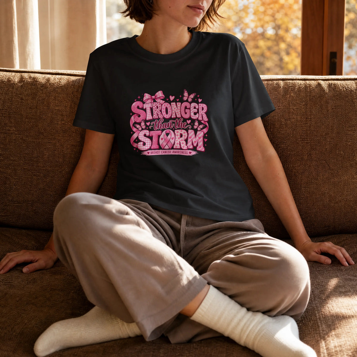 Stronger than the Strom Pink butterfly Cancer Ribbon Short Sleeve T Shirt. DuoCreationZ