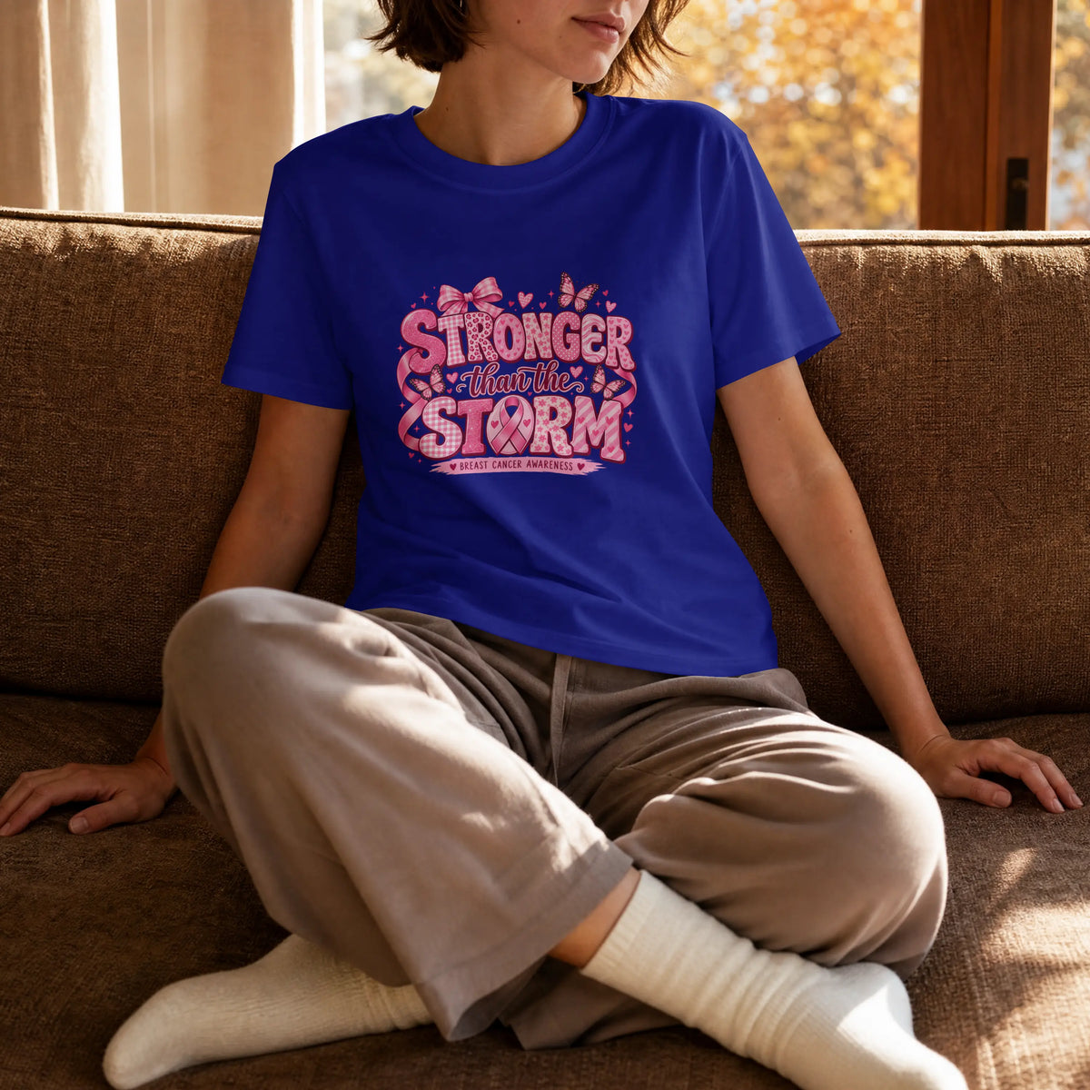 Stronger than the Strom Pink butterfly Cancer Ribbon Short Sleeve T Shirt. DuoCreationZ