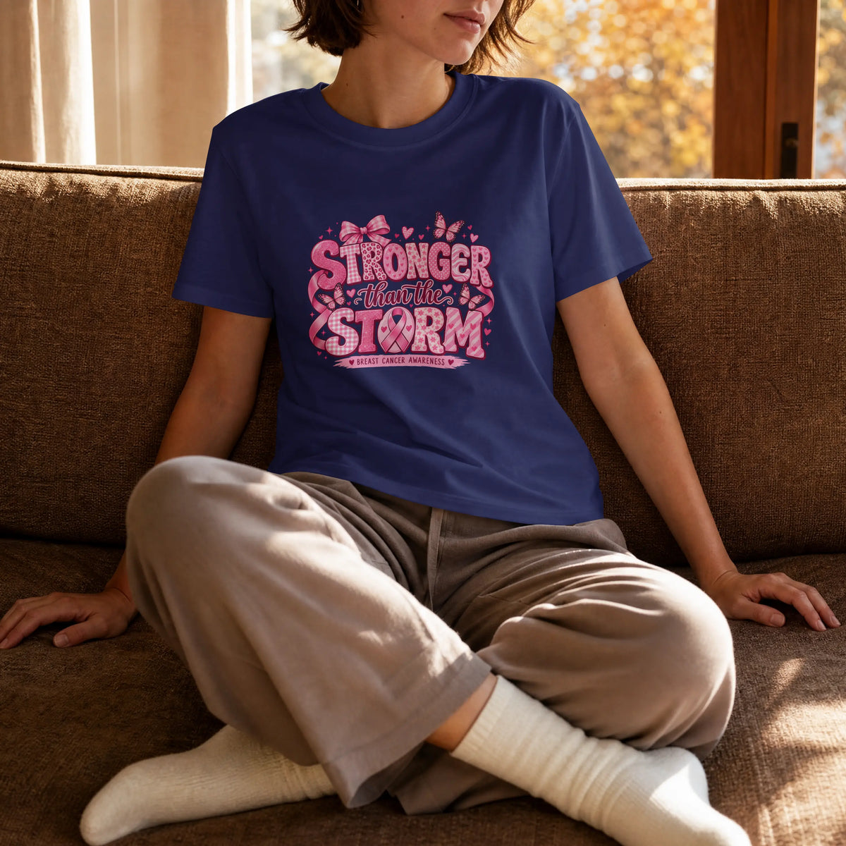 Stronger than the Strom Pink butterfly Cancer Ribbon Short Sleeve T Shirt. DuoCreationZ