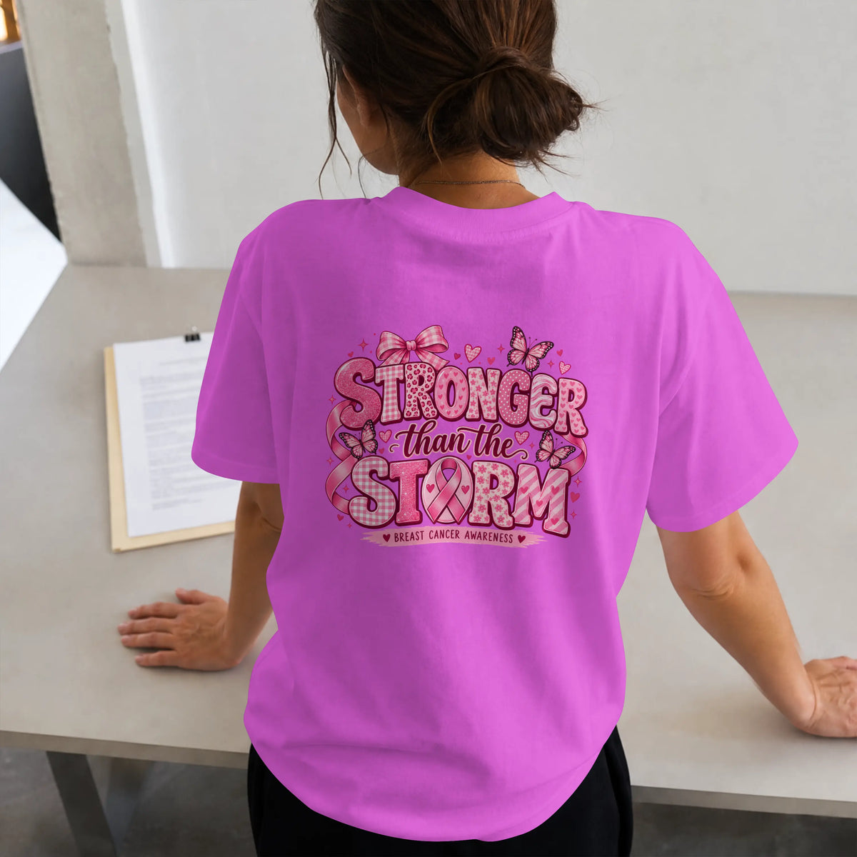 Stronger than the Strom Pink butterfly Cancer Ribbon Short Sleeve T Shirt. DuoCreationZ