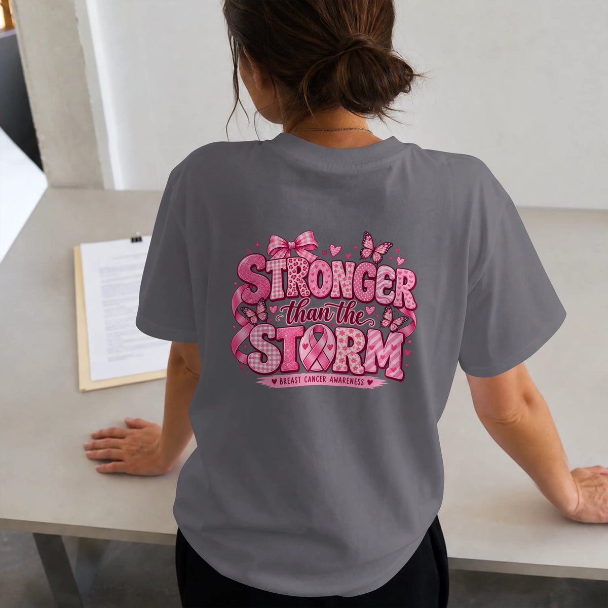 Stronger than the Strom Pink butterfly Cancer Ribbon Short Sleeve T Shirt. DuoCreationZ