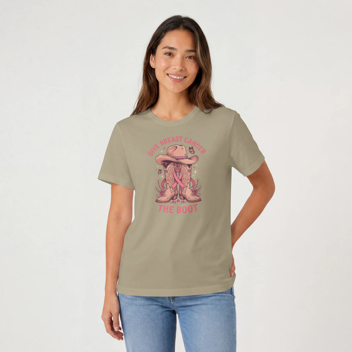 Pink Give Breast Cancer the Boot Short Sleeve T Shirt. DuoCreationZ