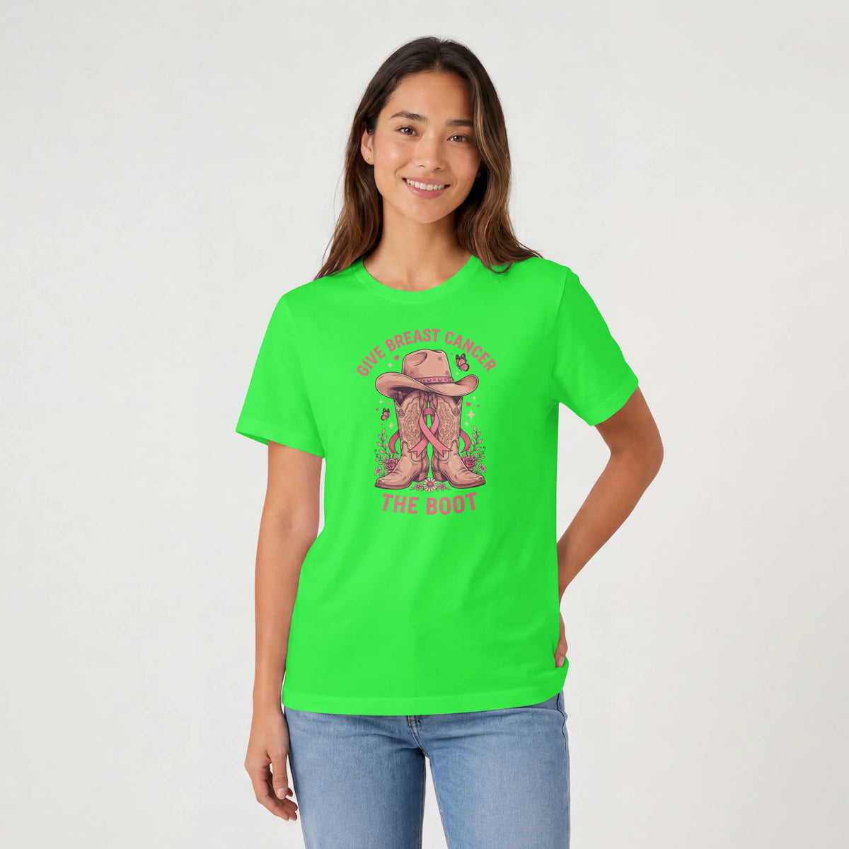 Pink Give Breast Cancer the Boot Short Sleeve T Shirt. DuoCreationZ
