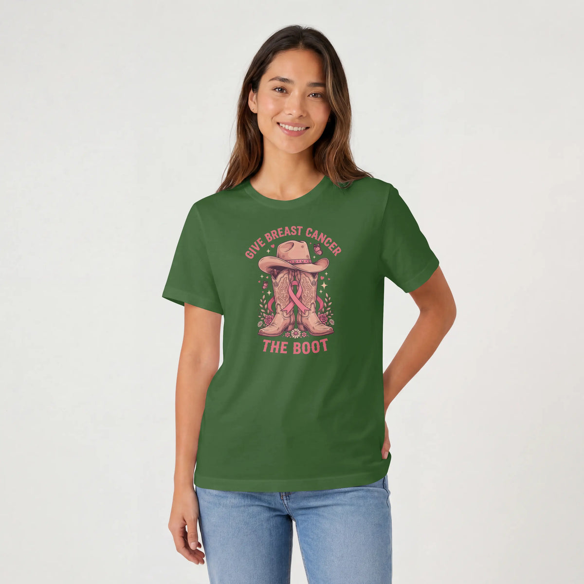 Pink Give Breast Cancer the Boot Short Sleeve T Shirt. DuoCreationZ