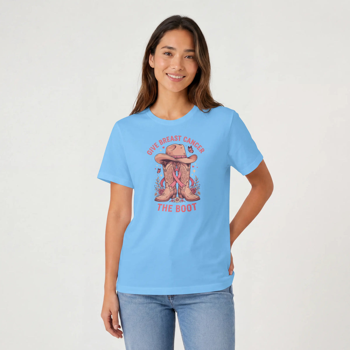 Pink Give Breast Cancer the Boot Short Sleeve T Shirt. DuoCreationZ