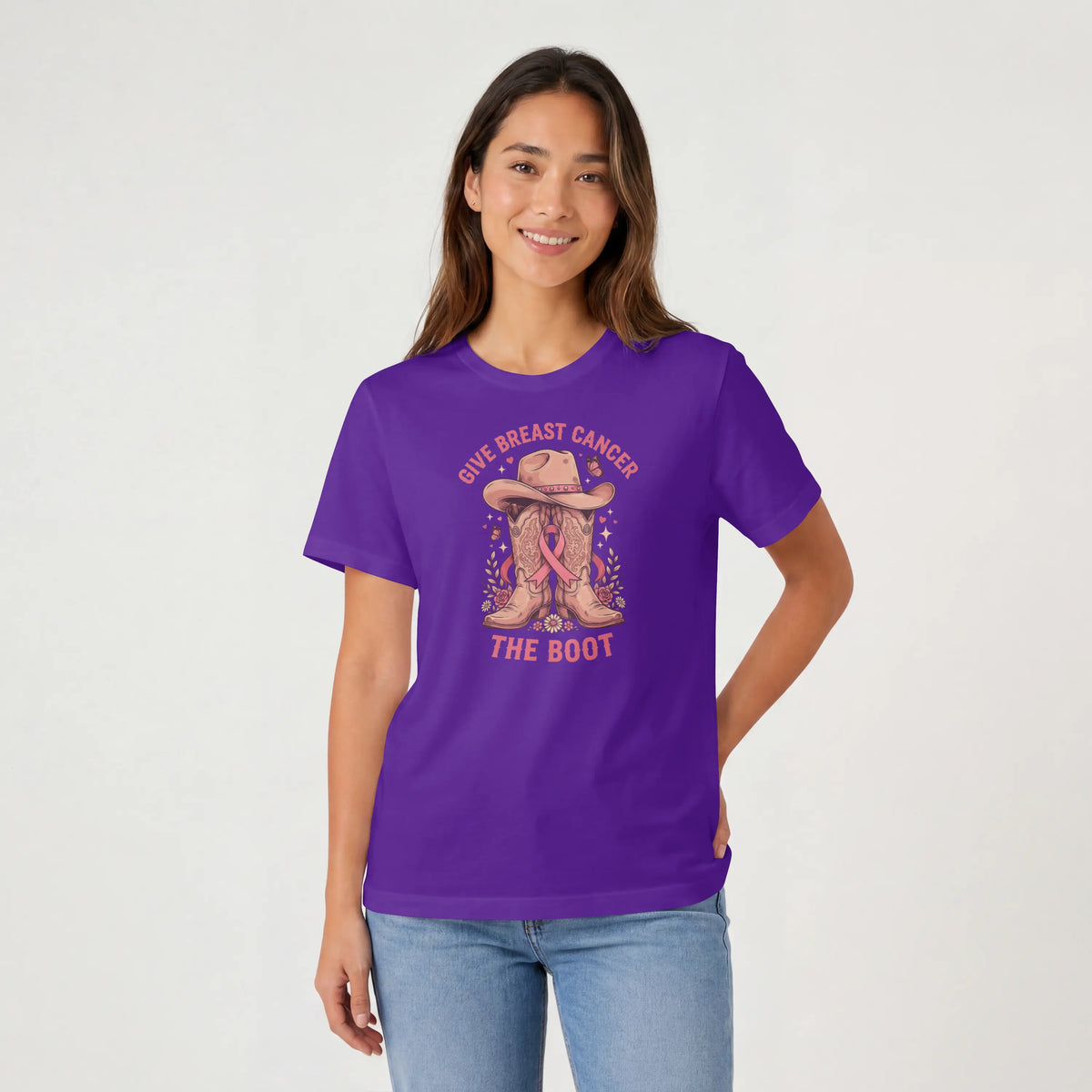 Pink Give Breast Cancer the Boot Short Sleeve T Shirt. DuoCreationZ
