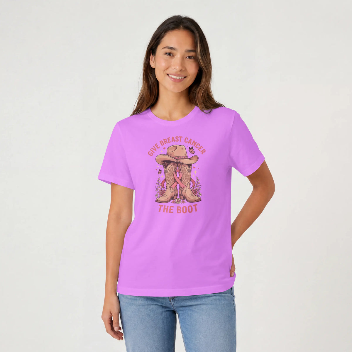 Pink Give Breast Cancer the Boot Short Sleeve T Shirt. DuoCreationZ