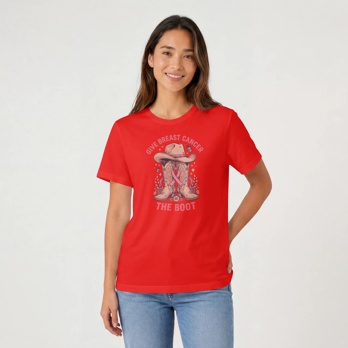 Pink Give Breast Cancer the Boot Short Sleeve T Shirt. DuoCreationZ