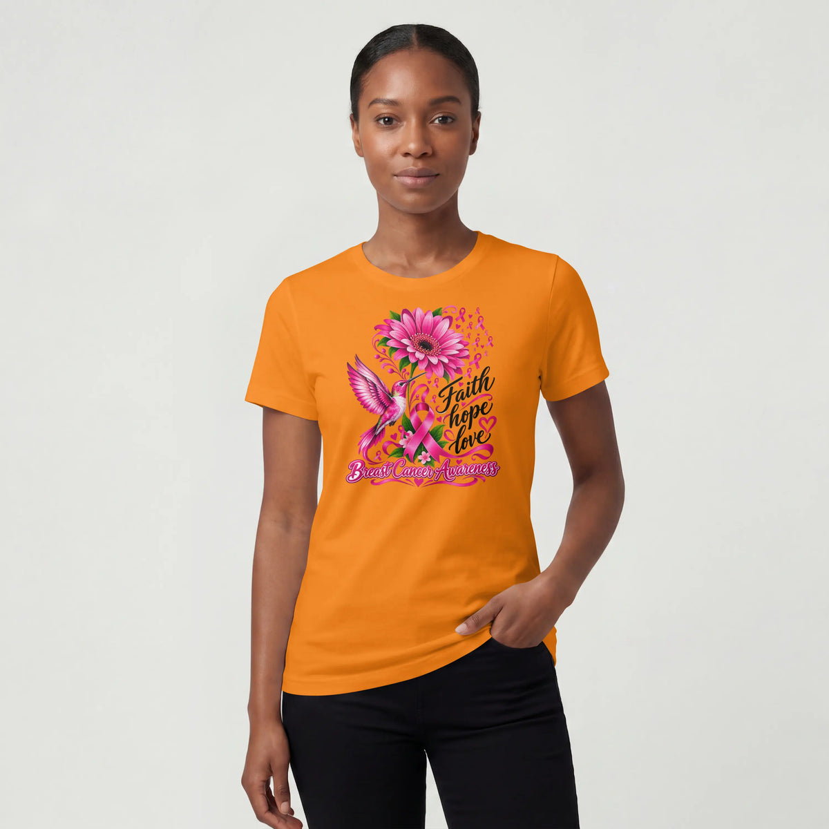 A pink Faith, Hope, Love Pink Humming bird Breast Cancer Awareness Short Sleeve T Shirt. DuoCreationZ