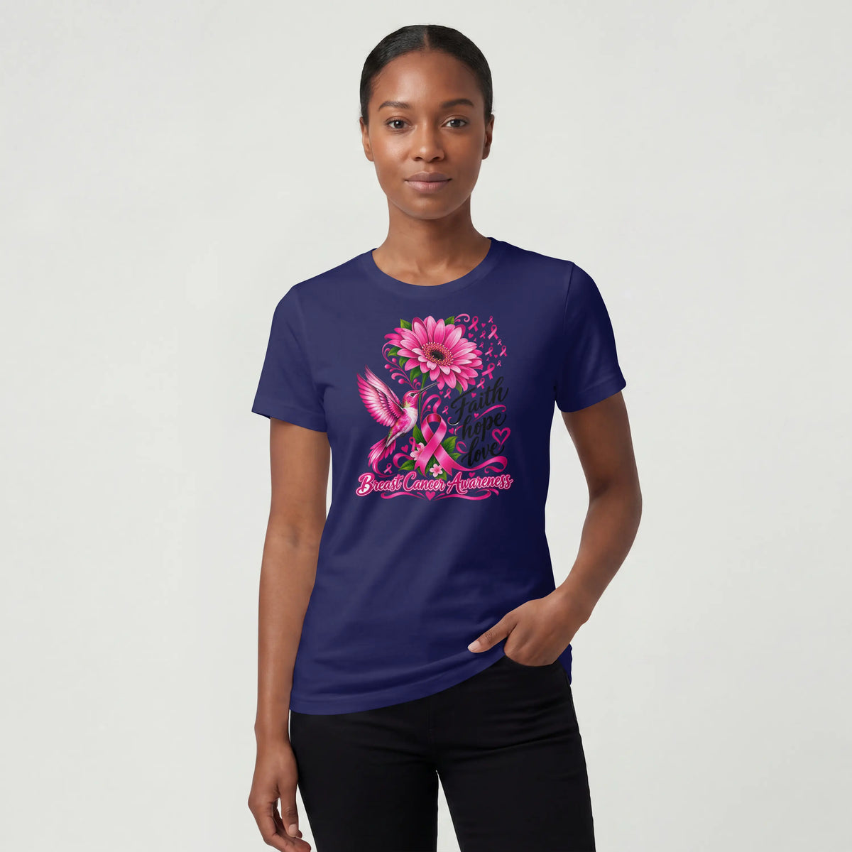 A pink Faith, Hope, Love Pink Humming bird Breast Cancer Awareness Short Sleeve T Shirt. DuoCreationZ
