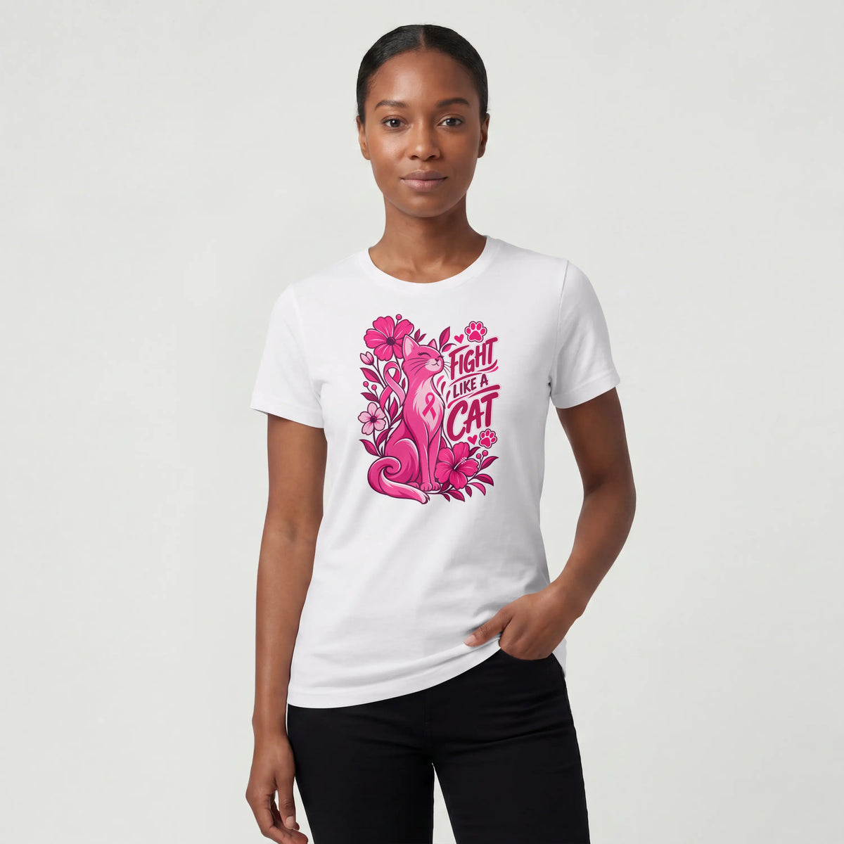 Fight like a cat pink flower cancer Short Sleeve T Shirt. DuoCreationZ
