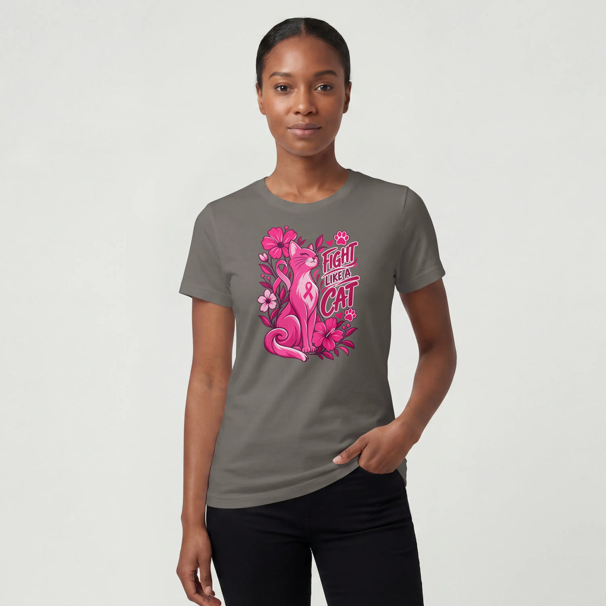 Fight like a cat pink flower cancer Short Sleeve T Shirt. DuoCreationZ