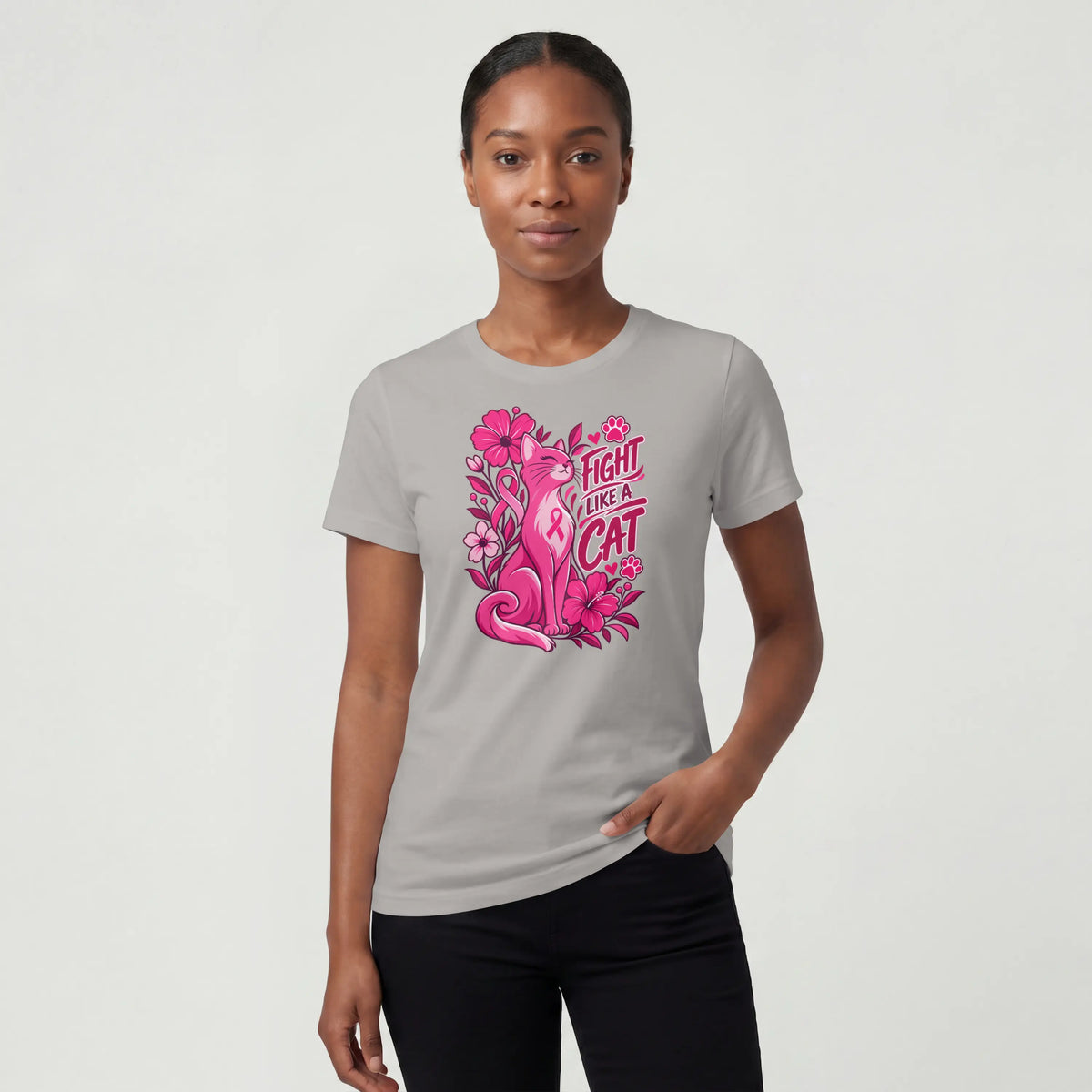 Fight like a cat pink flower cancer Short Sleeve T Shirt. DuoCreationZ