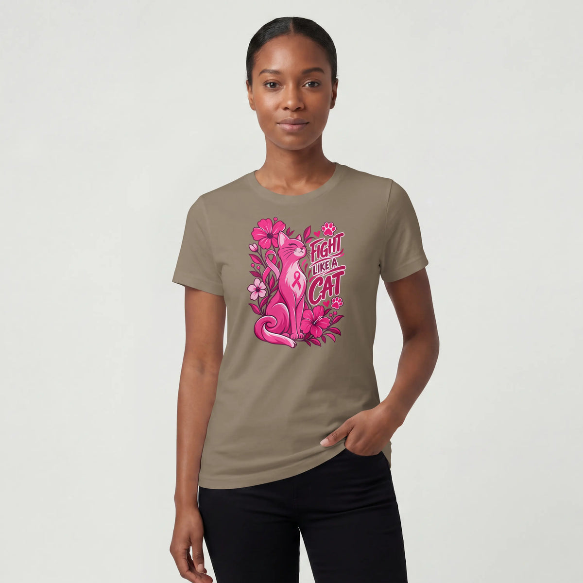 Fight like a cat pink flower cancer Short Sleeve T Shirt. DuoCreationZ