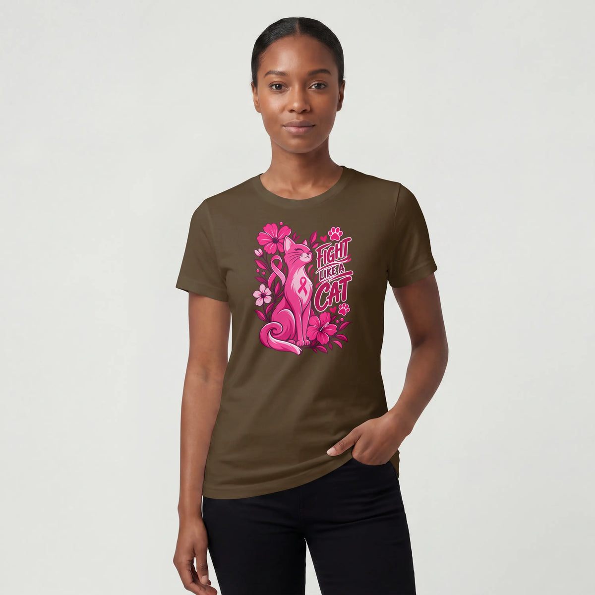 Fight like a cat pink flower cancer Short Sleeve T Shirt. DuoCreationZ