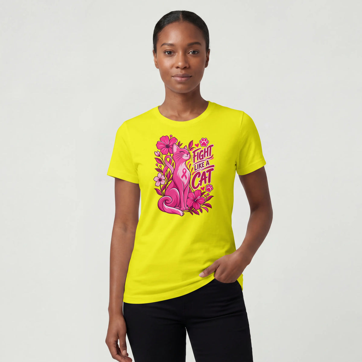 Fight like a cat pink flower cancer Short Sleeve T Shirt. DuoCreationZ