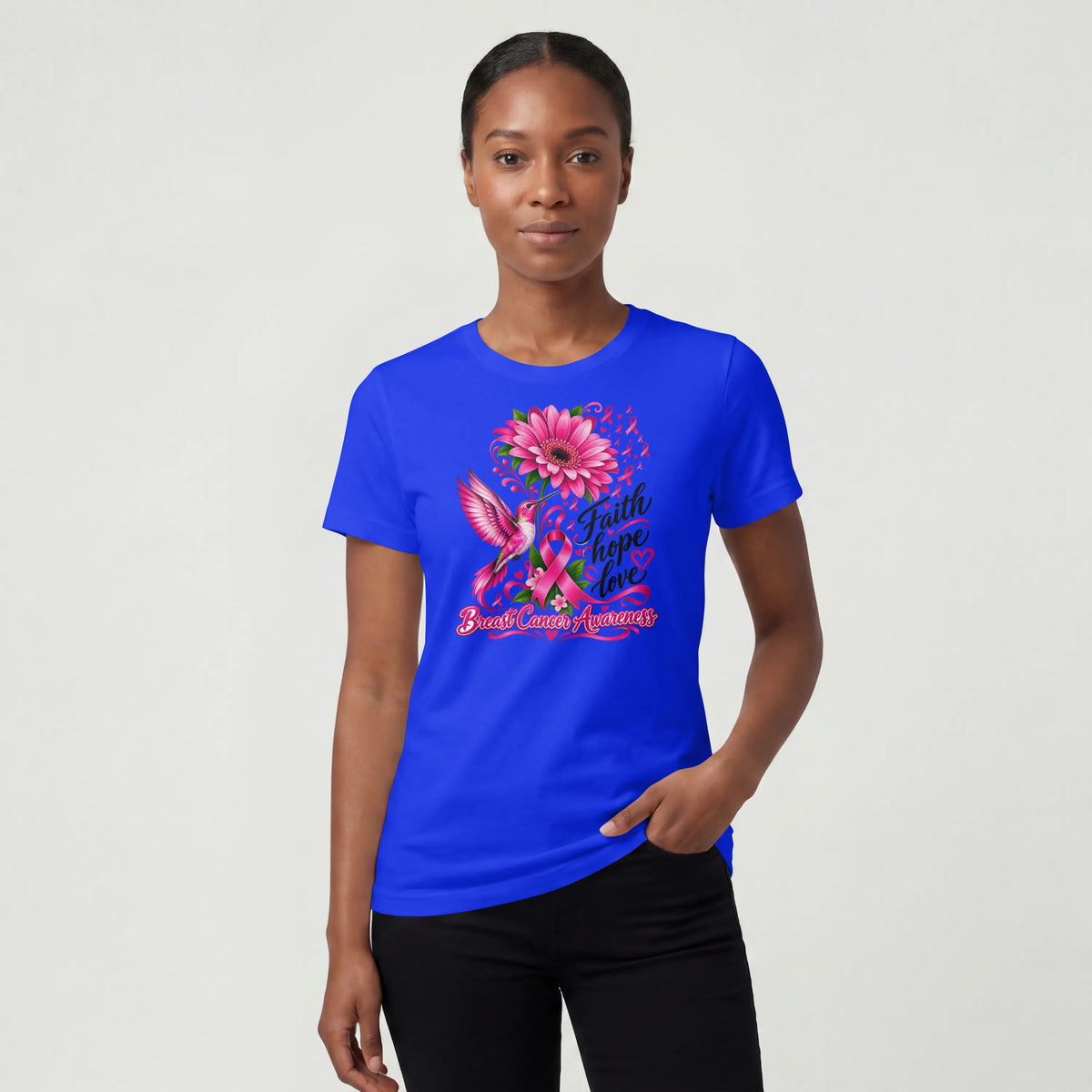 A pink Faith, Hope, Love Pink Humming bird Breast Cancer Awareness Short Sleeve T Shirt. DuoCreationZ