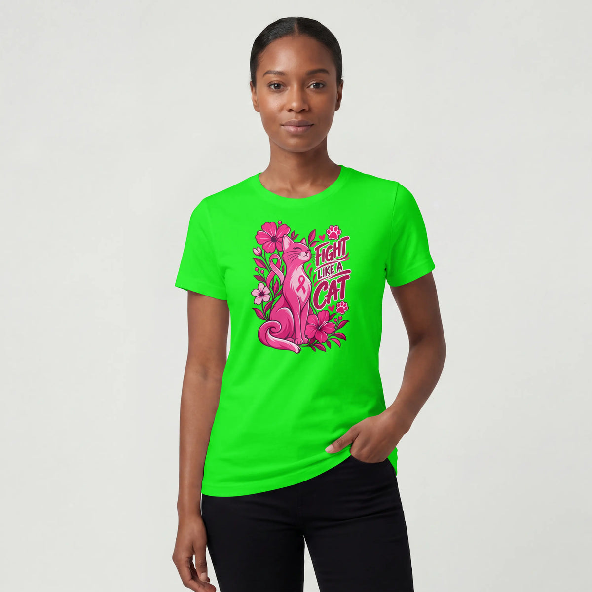Fight like a cat pink flower cancer Short Sleeve T Shirt. DuoCreationZ