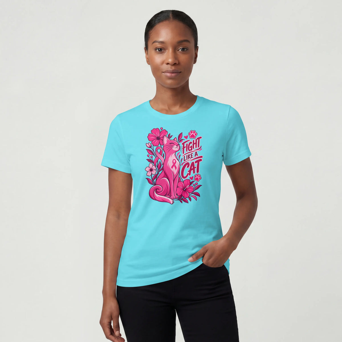 Fight like a cat pink flower cancer Short Sleeve T Shirt. DuoCreationZ