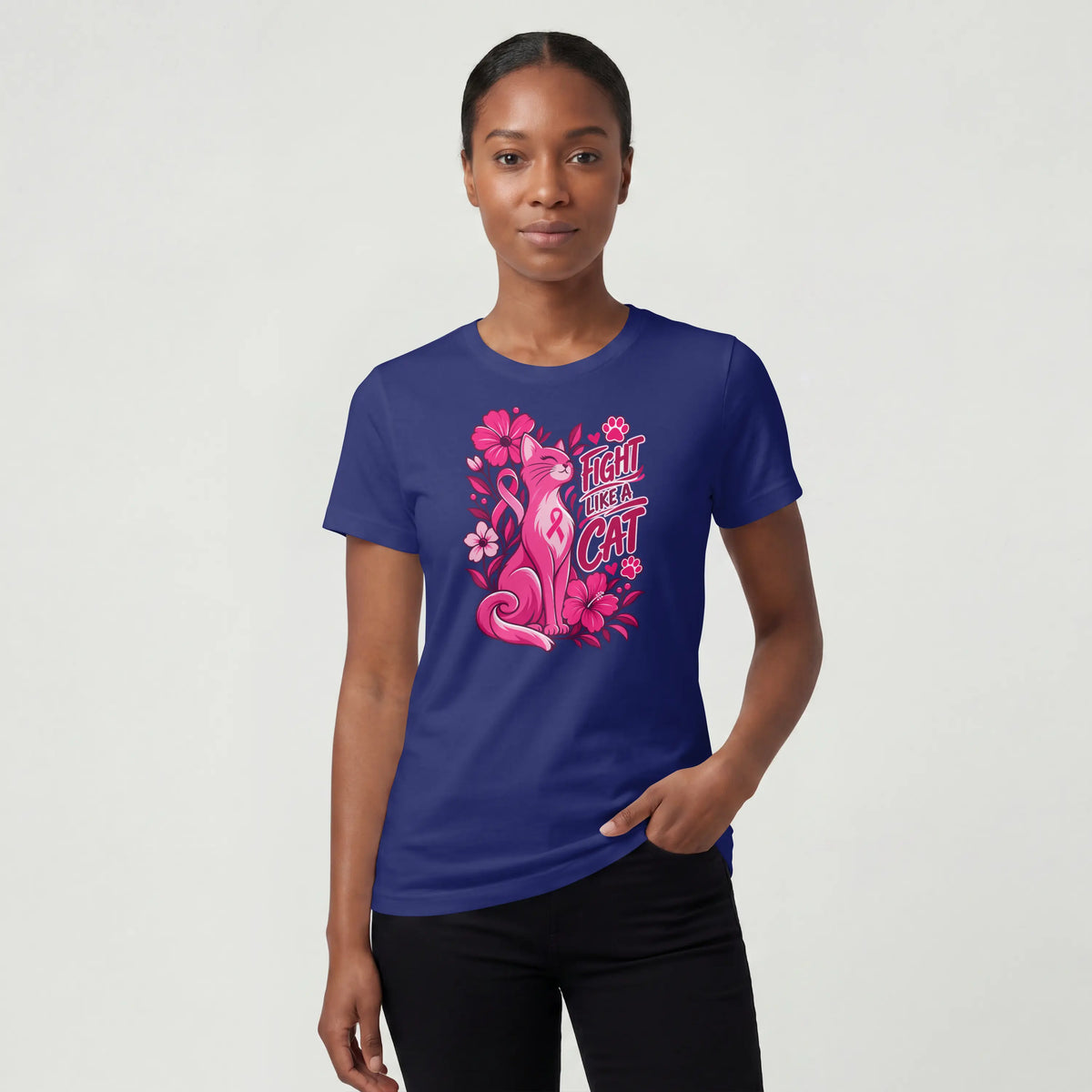 Fight like a cat pink flower cancer Short Sleeve T Shirt. DuoCreationZ