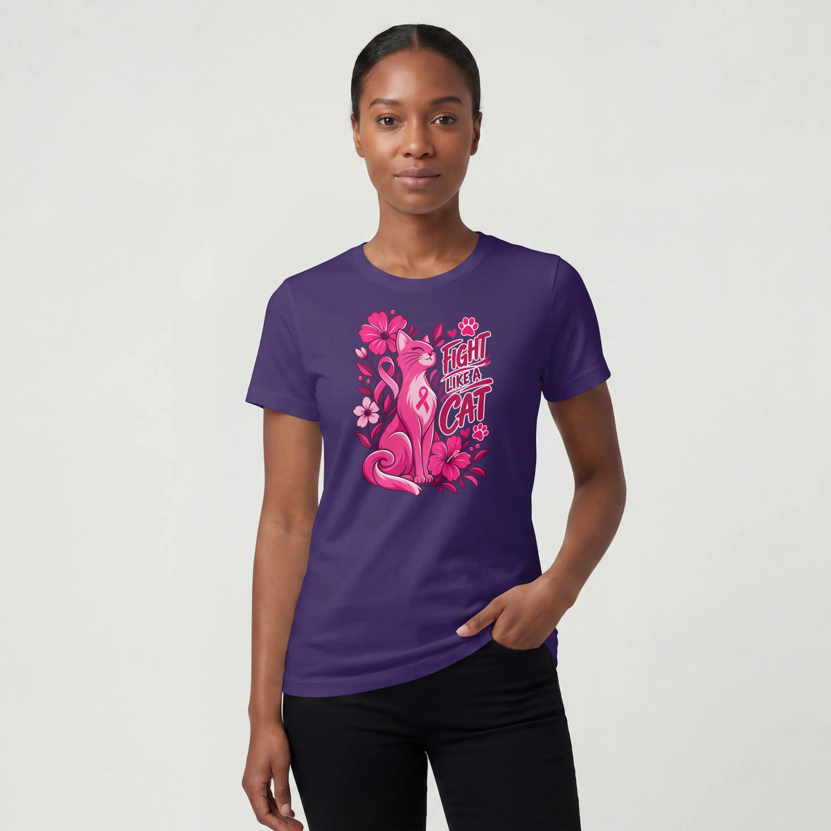 Fight like a cat pink flower cancer Short Sleeve T Shirt. DuoCreationZ