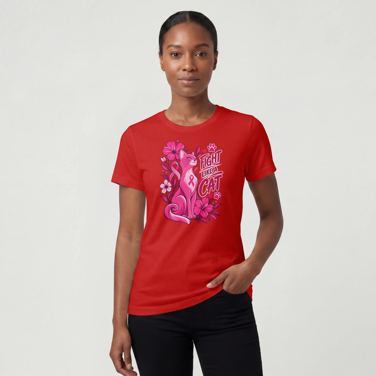 Fight like a cat pink flower cancer Short Sleeve T Shirt. DuoCreationZ