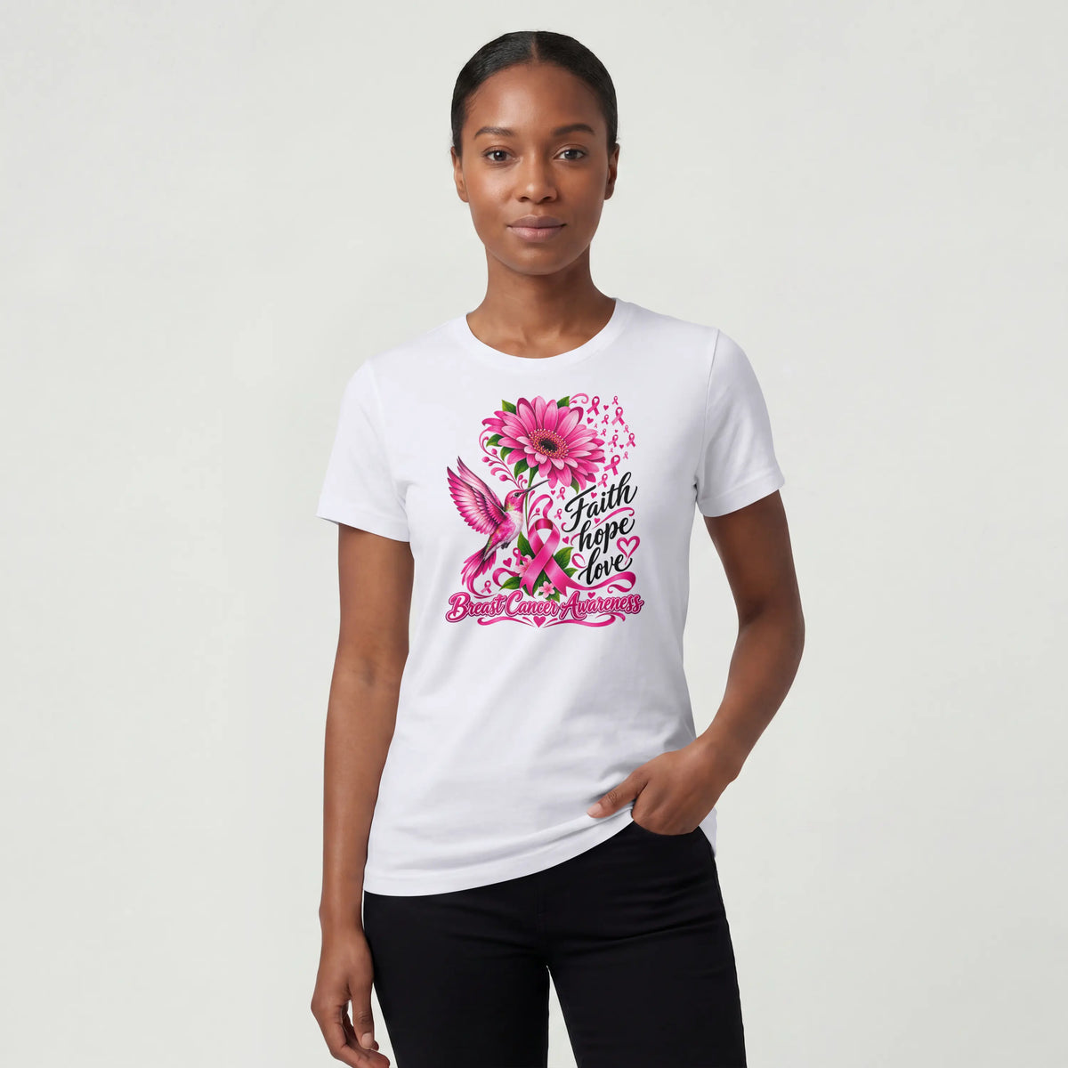 A pink Faith, Hope, Love Pink Humming bird Breast Cancer Awareness Short Sleeve T Shirt. DuoCreationZ