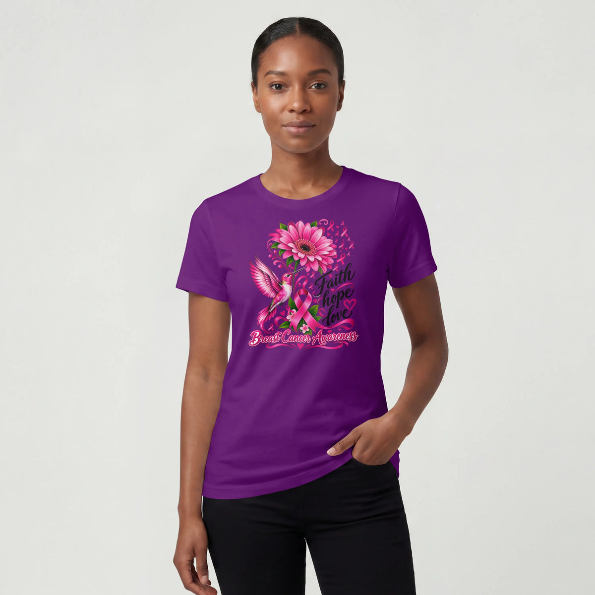 A pink Faith, Hope, Love Pink Humming bird Breast Cancer Awareness Short Sleeve T Shirt. DuoCreationZ