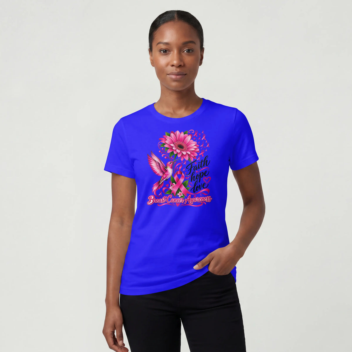 A pink Faith, Hope, Love Pink Humming bird Breast Cancer Awareness Short Sleeve T Shirt. DuoCreationZ