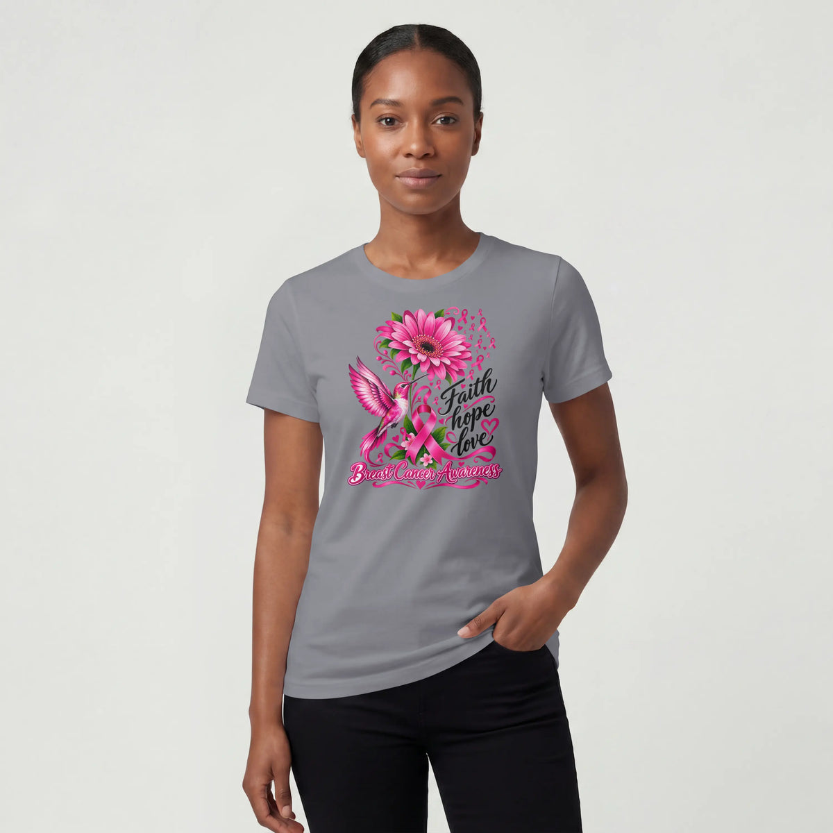 A pink Faith, Hope, Love Pink Humming bird Breast Cancer Awareness Short Sleeve T Shirt. DuoCreationZ