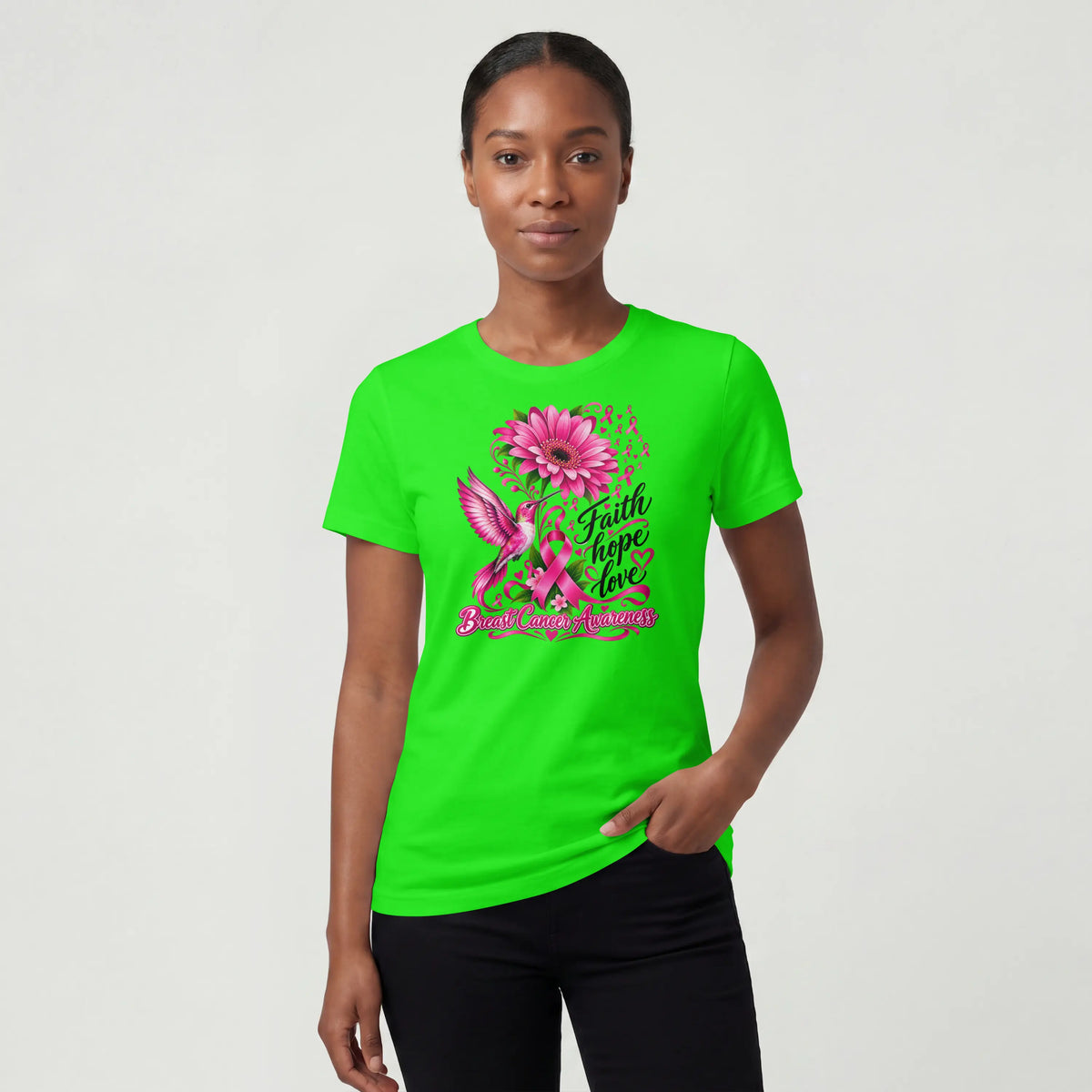 A pink Faith, Hope, Love Pink Humming bird Breast Cancer Awareness Short Sleeve T Shirt. DuoCreationZ