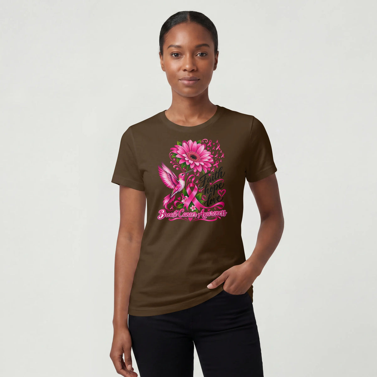 A pink Faith, Hope, Love Pink Humming bird Breast Cancer Awareness Short Sleeve T Shirt. DuoCreationZ