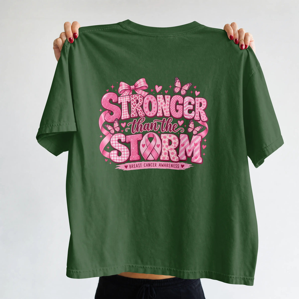 Stronger than the Strom Pink butterfly Cancer Ribbon Short Sleeve T Shirt. DuoCreationZ