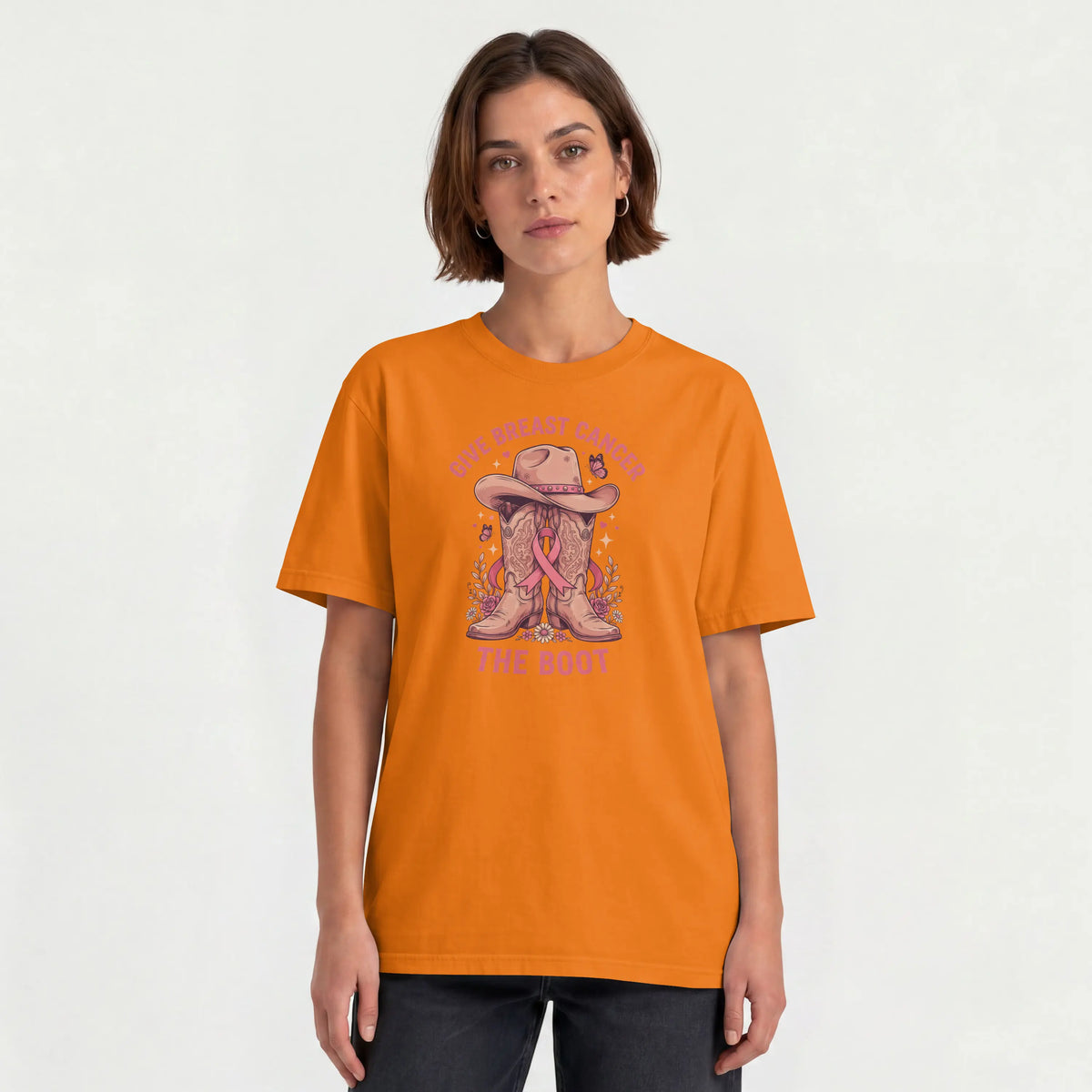 Pink Give Breast Cancer the Boot Short Sleeve T Shirt. DuoCreationZ